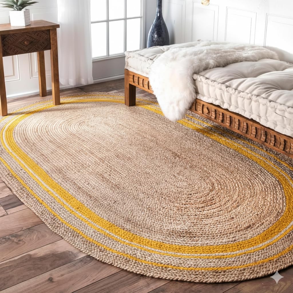 Round jute rug with yellow stripes on a wooden floor in a room with a bed and table.