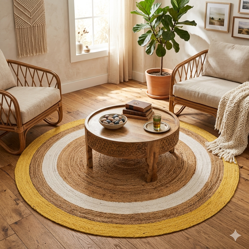 Natural jute Round Rug in yellow, beige, and white with circular braided pattern for floor