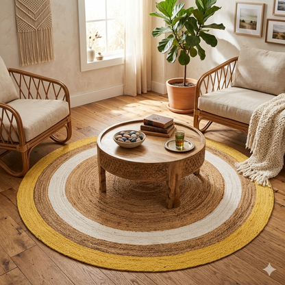 Natural jute Round Rug in yellow, beige, and white with circular braided pattern for floor