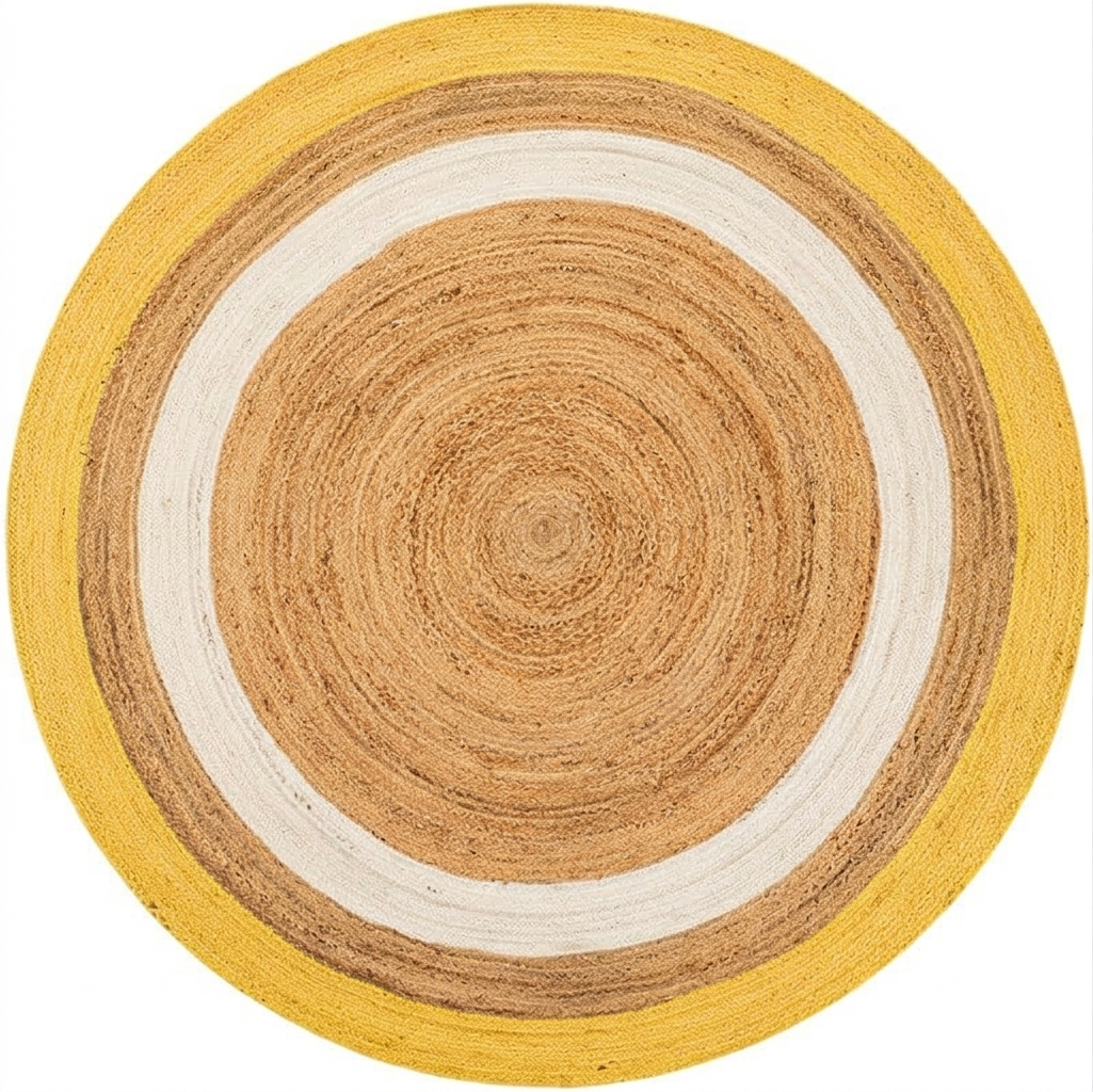 Natural Jute Area Rug Round Rug in golden yellow with concentric natural jute ring pattern