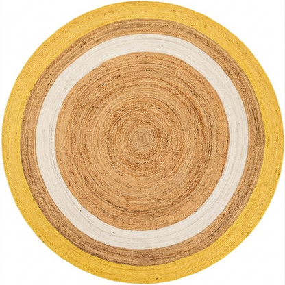 Natural Jute Area Rug Round Rug in golden yellow with concentric natural jute ring pattern