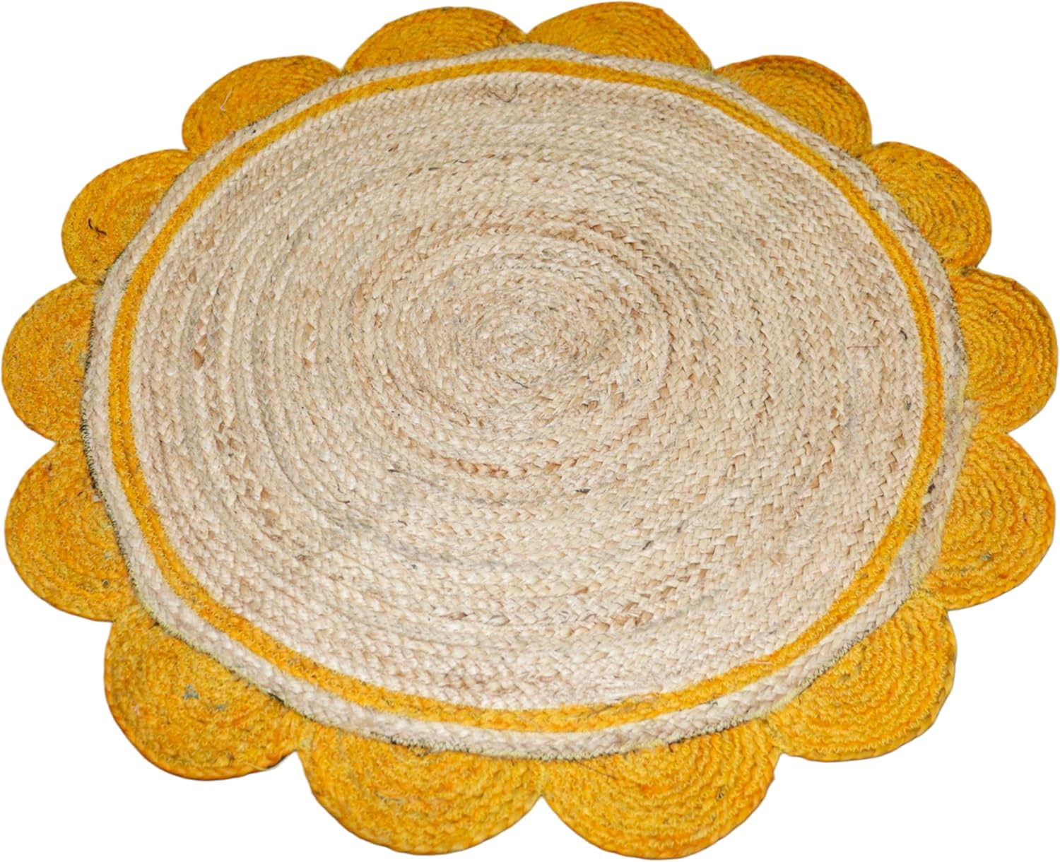 Round woven mat with yellow border on a white background