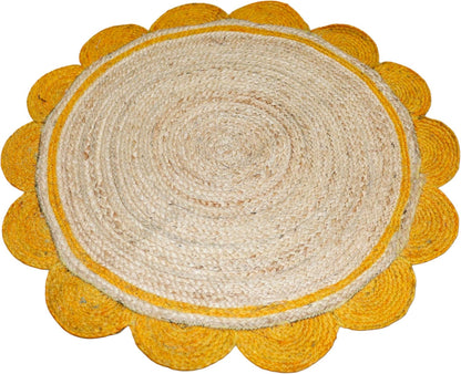 Round woven mat with yellow border on a white background