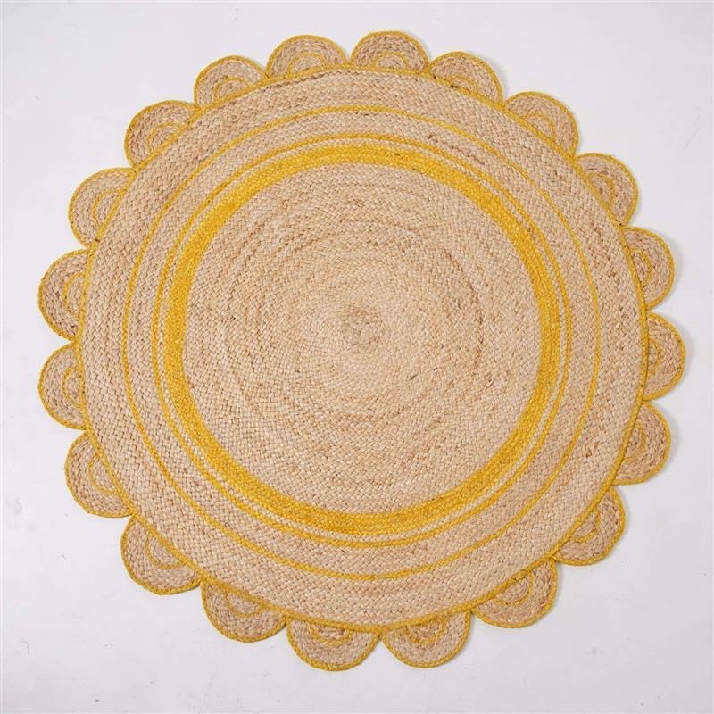 A round natural jute placemat with a scalloped edge and concentric yellow stripes, photographed flat against a white background.