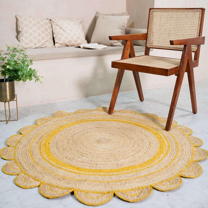 Round jute rug with yellow border in a living room setting