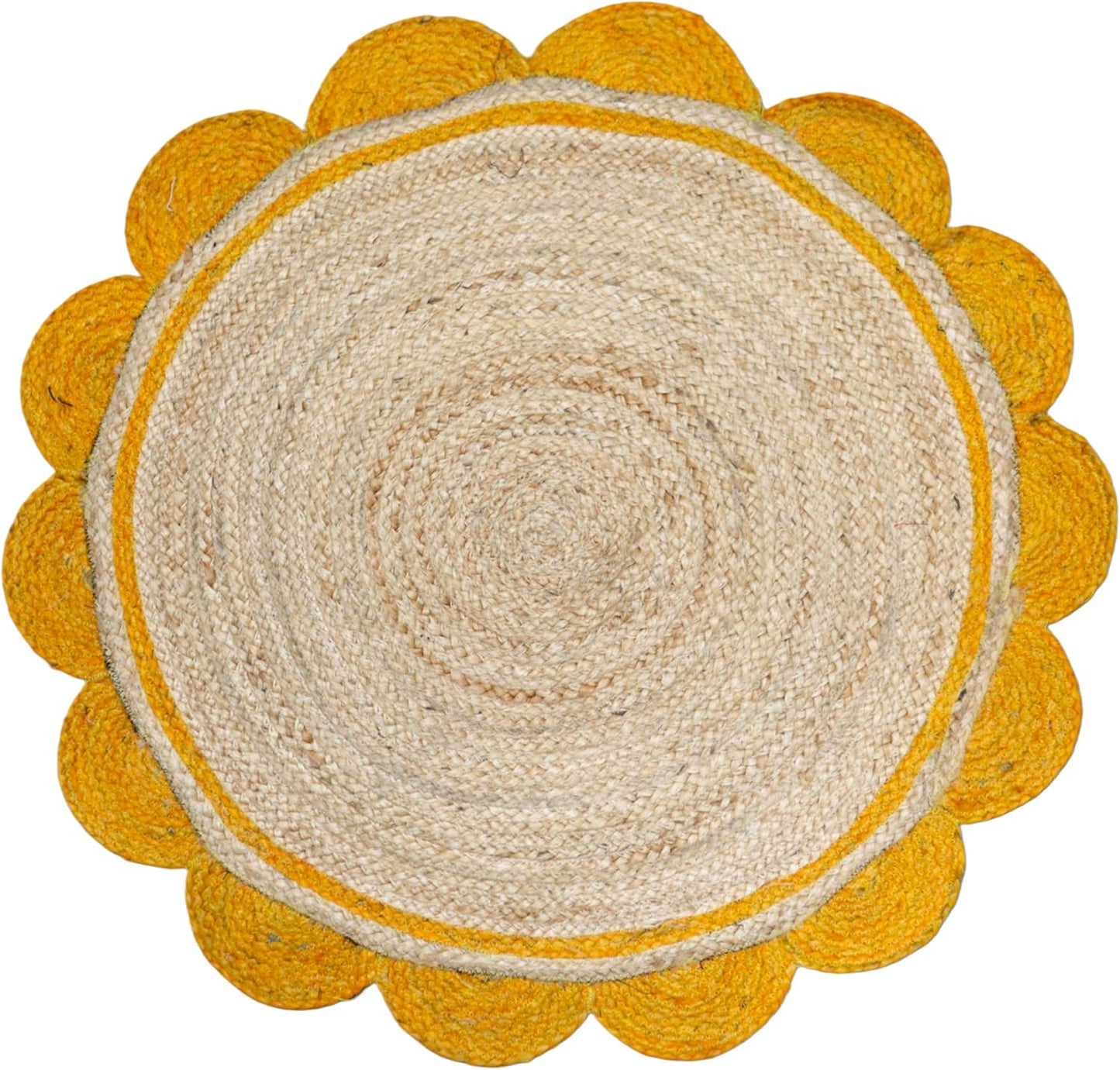 Round woven mat with yellow border on a white background