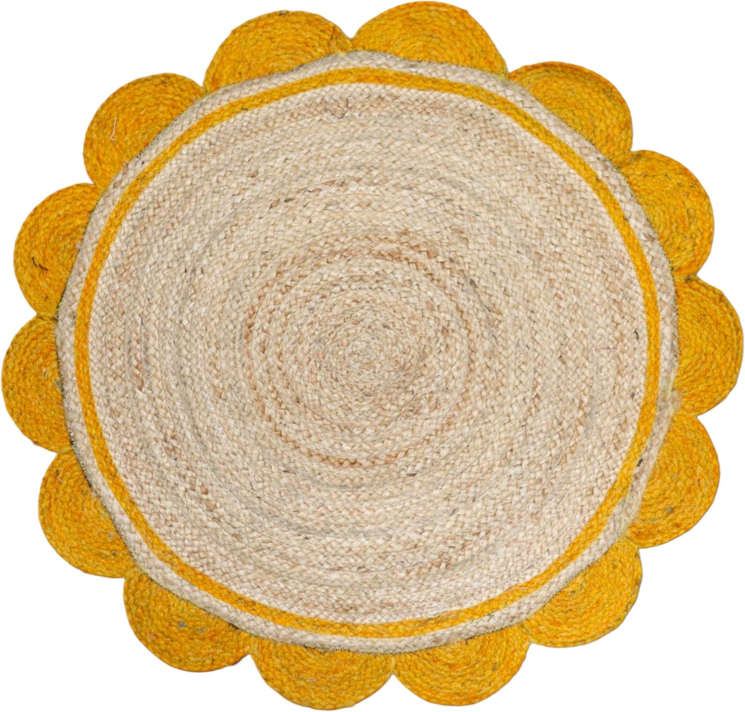Round woven mat with yellow border on a white background