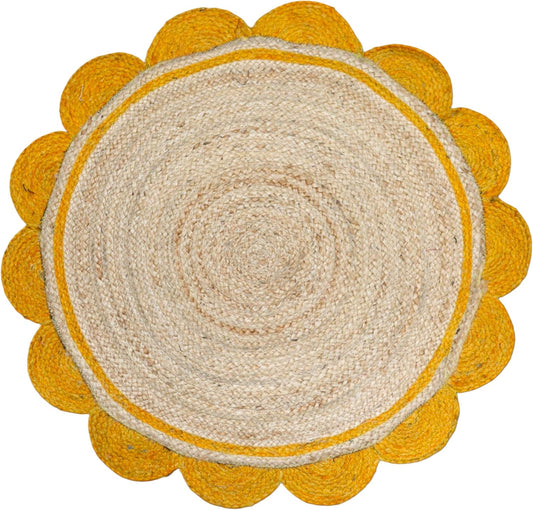 Round woven mat with yellow border on a white background