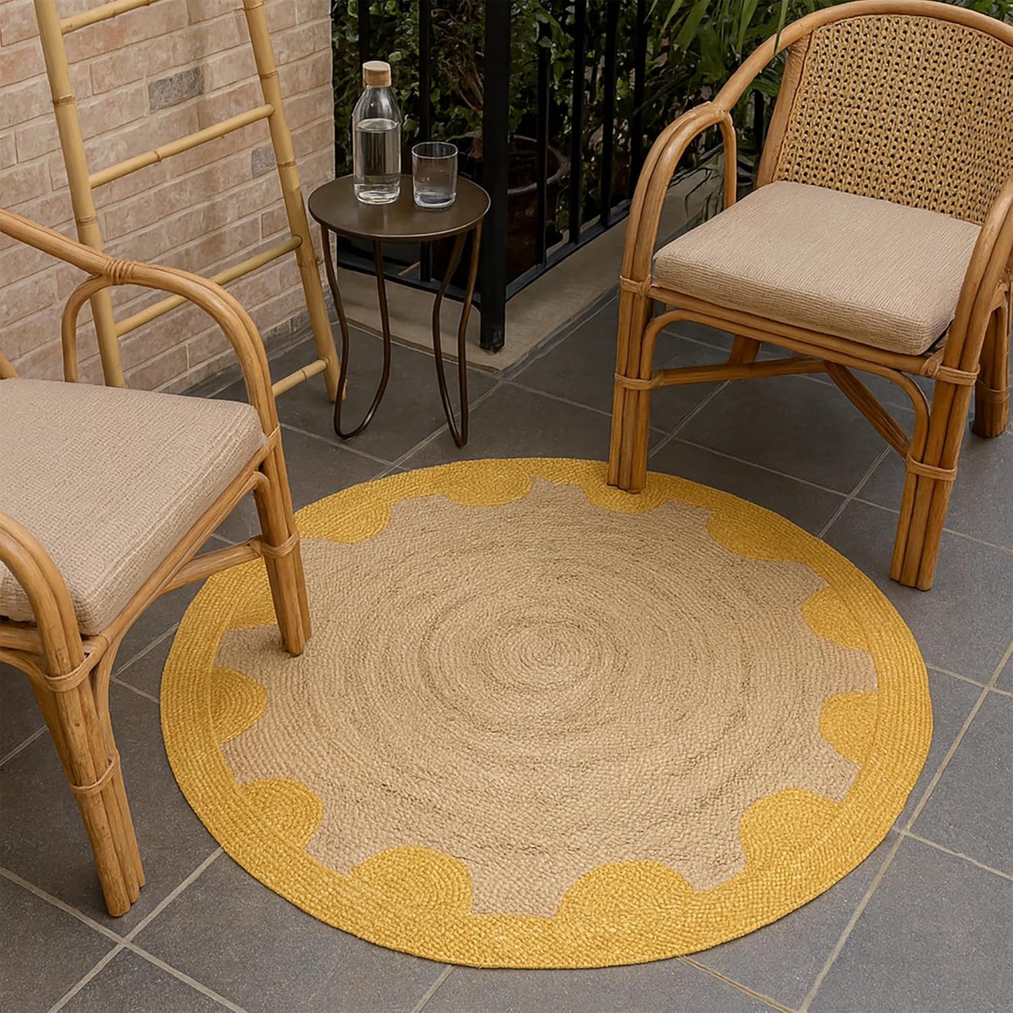 Natural Jute Area Rug with scalloped edges in a round shape, suitable for indoor or outdoor use.