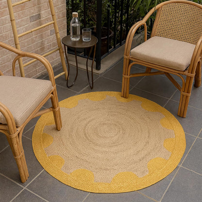 Natural Jute Area Rug in round shape with scalloped edges, suitable for indoor or outdoor use.