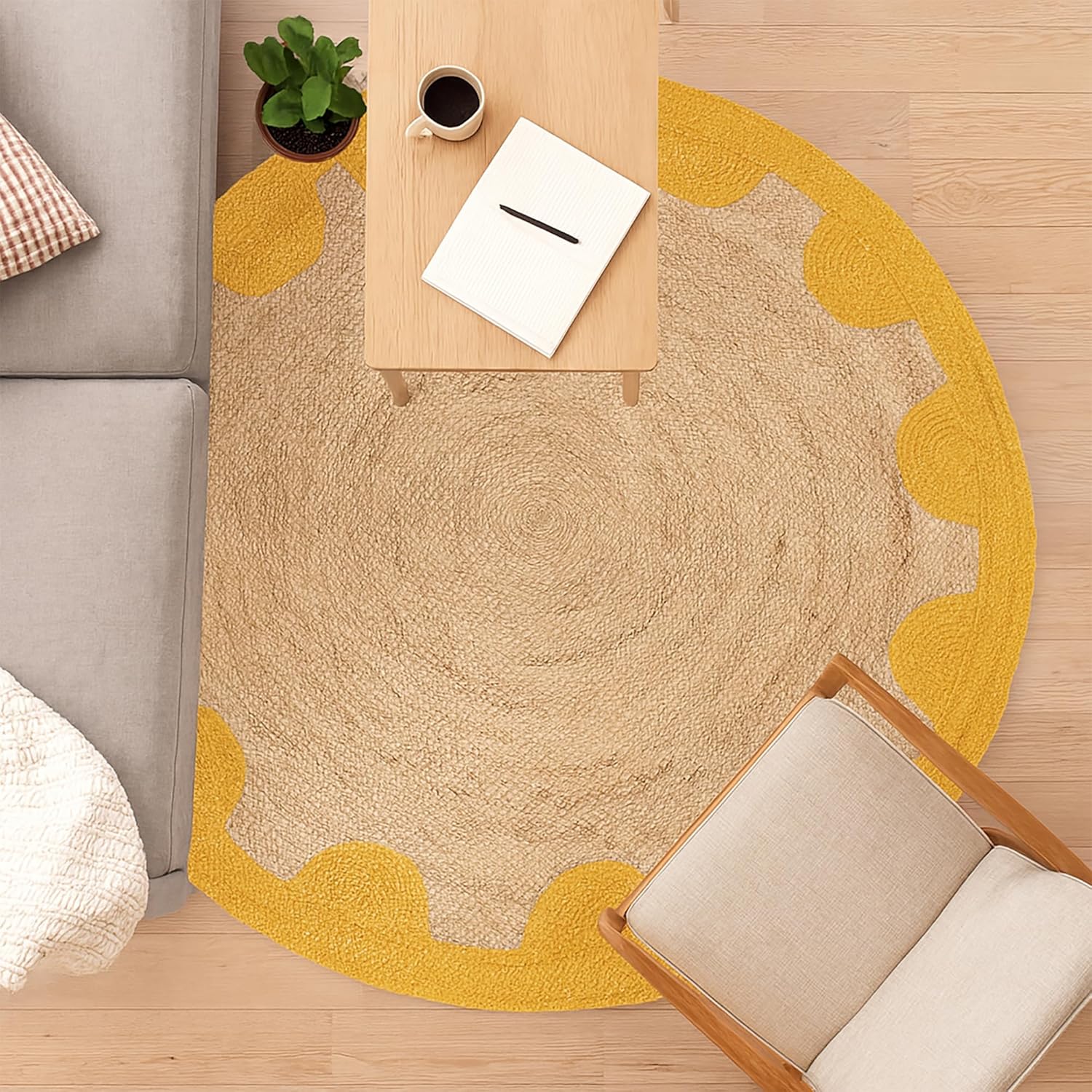 Natural Jute Area Rug with scalloped yellow border, perfect for living room or entryway decor.