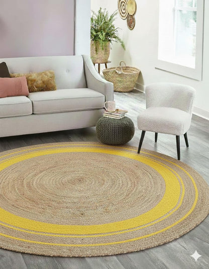 Round jute rug with yellow border in a living room setting