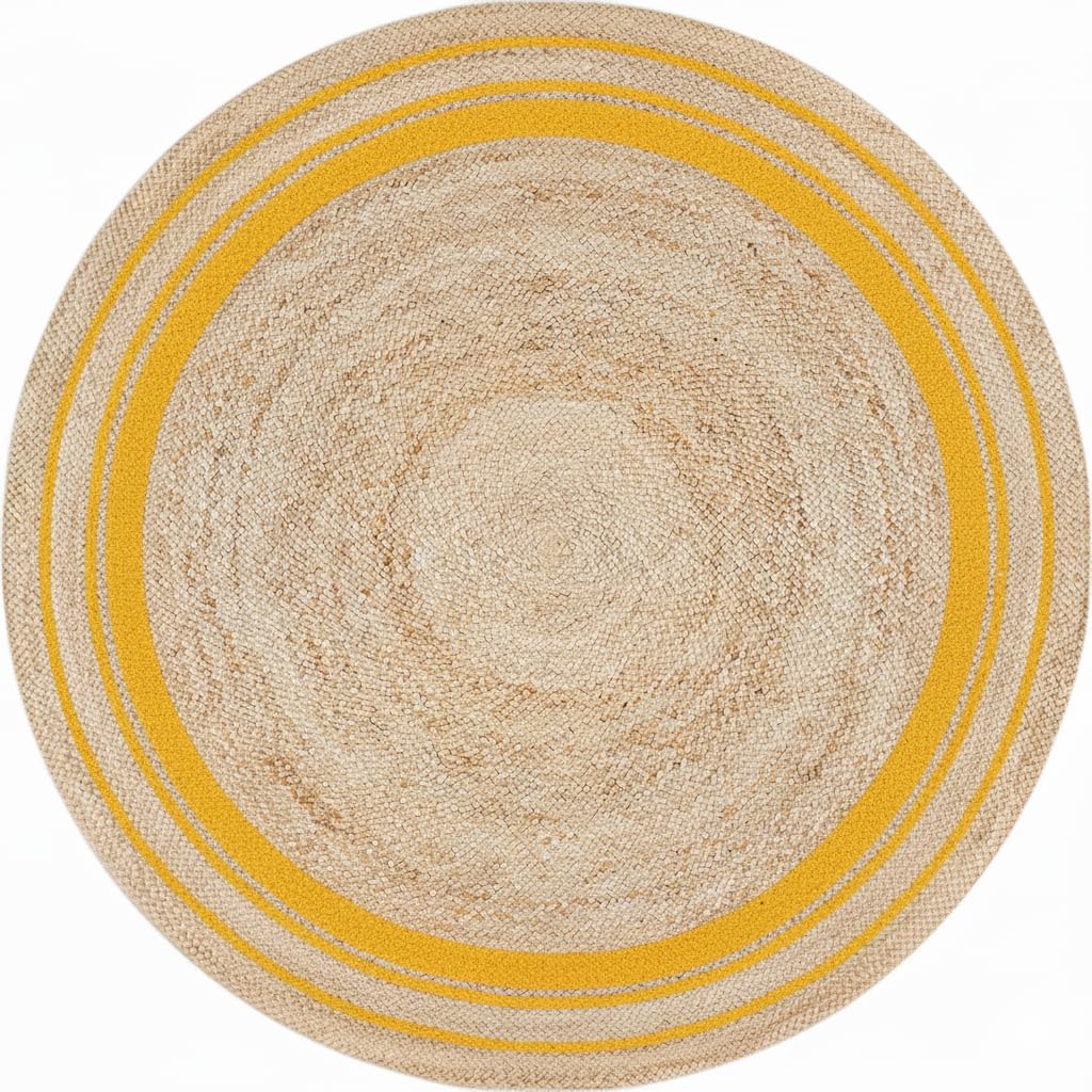 Round beige rug with yellow stripes on a white background