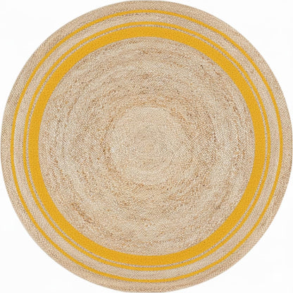 Round beige rug with yellow stripes on a white background