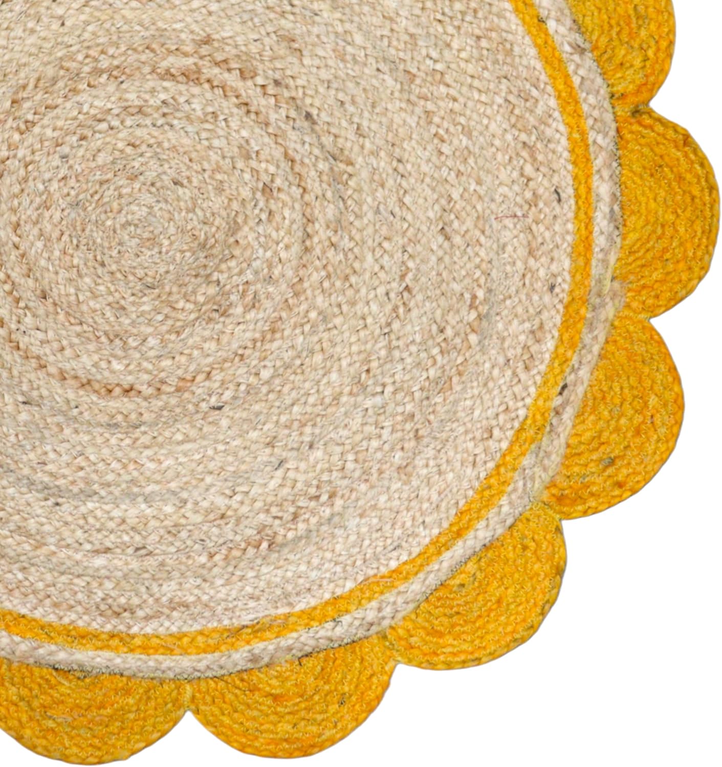 Round woven rug with yellow border on a white background