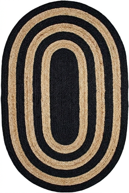 Black and natural braided oval jute area rug for farmhouse, boho, and contemporary living room décor.