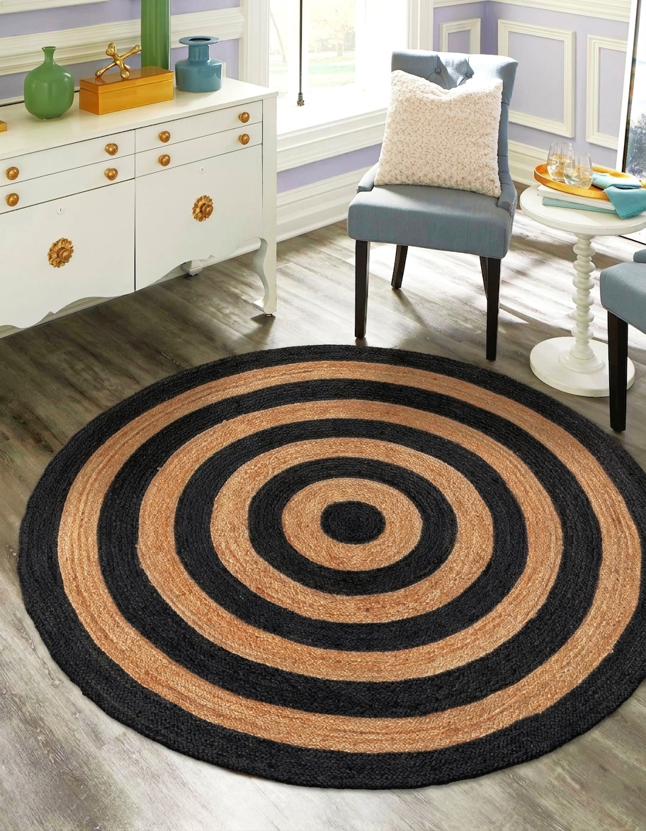 Natural Jute Area Rug Round Rug black and tan concentric pattern Floor Carpet in living room