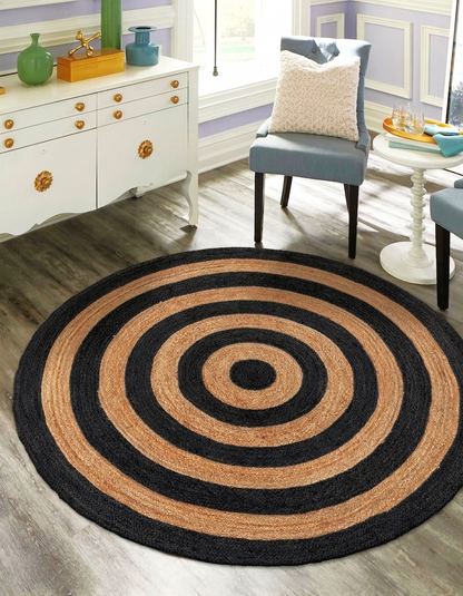 Natural Jute Area Rug Round Rug black and tan concentric pattern Floor Carpet in living room
