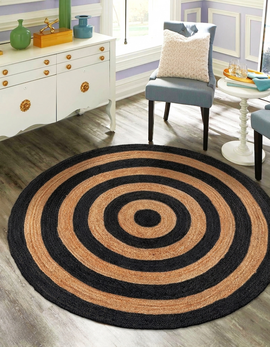 Natural Jute Area Rug Round Rug black and tan concentric pattern Floor Carpet in living room