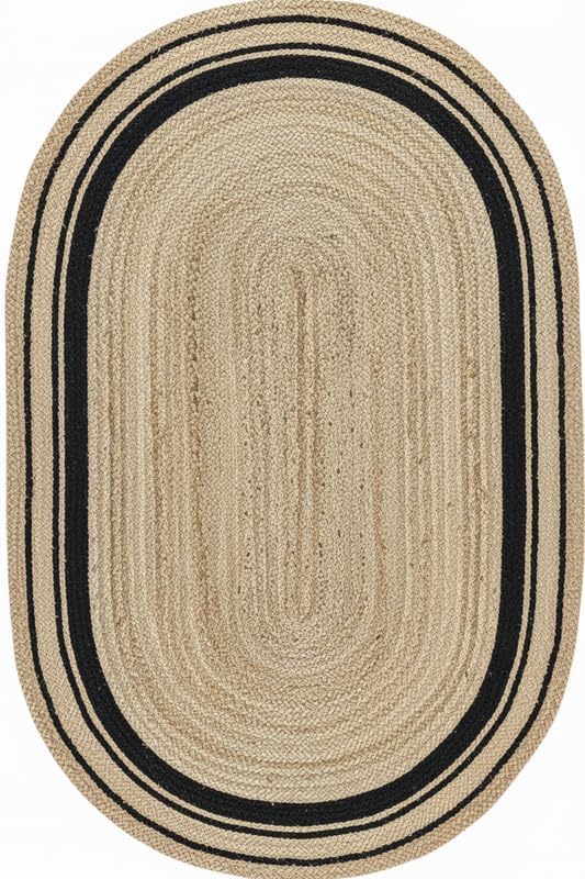 Beige braided rug with black border on a white background