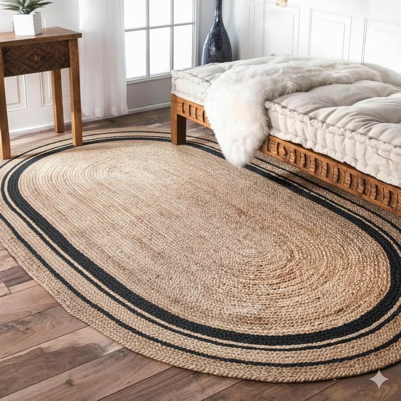 Oval jute rug with black border on wooden floor in living room