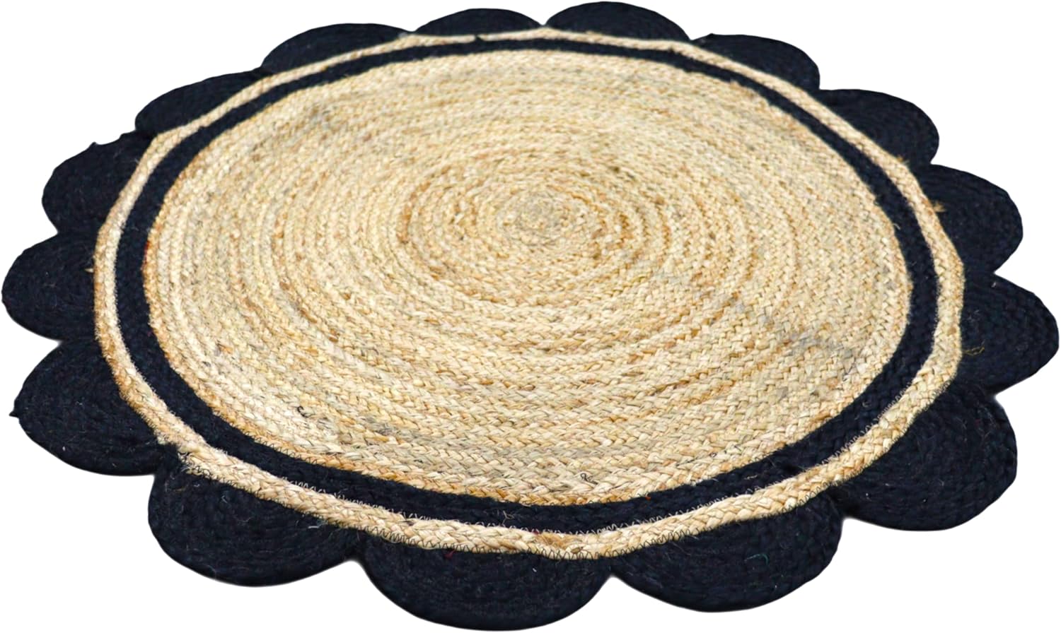 Round jute rug with black border on a white background