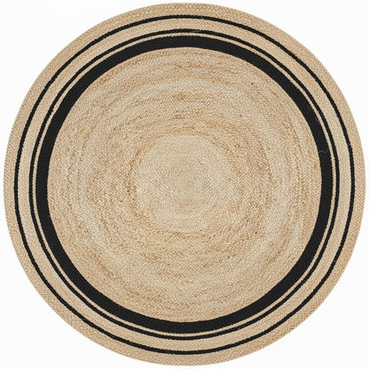 Round beige rug with black border on a white background
