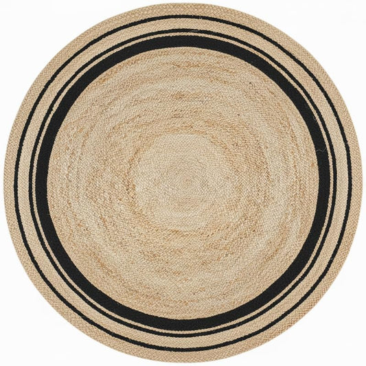 Round beige rug with black border on a white background