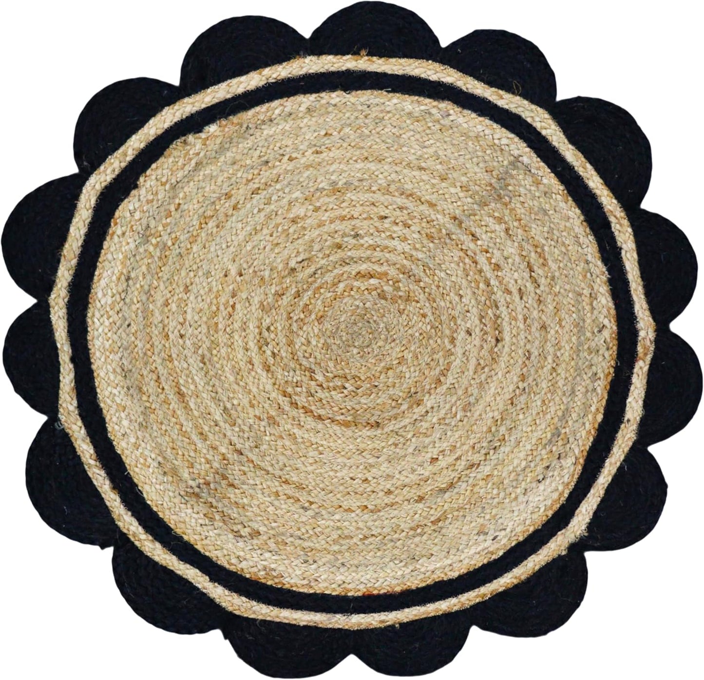 Round woven mat with black border on a white background