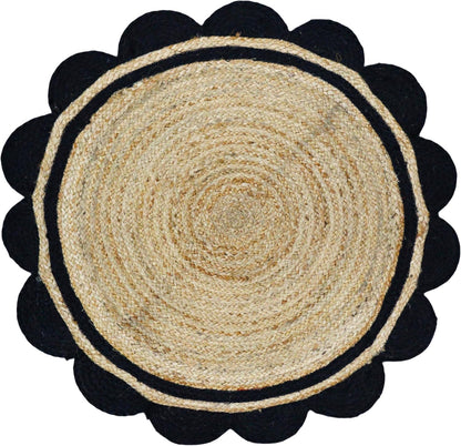 Round woven mat with black border on a white background