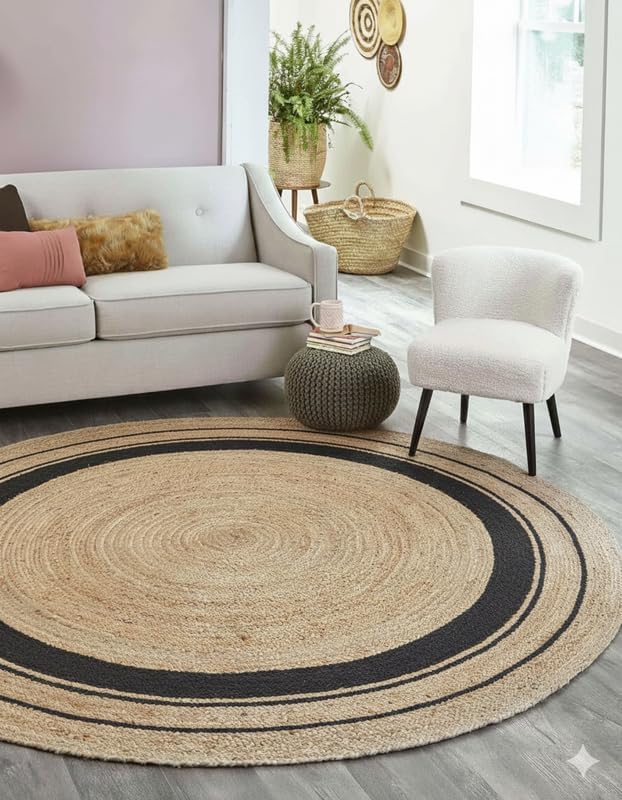 Round jute rug with black border in a living room setting
