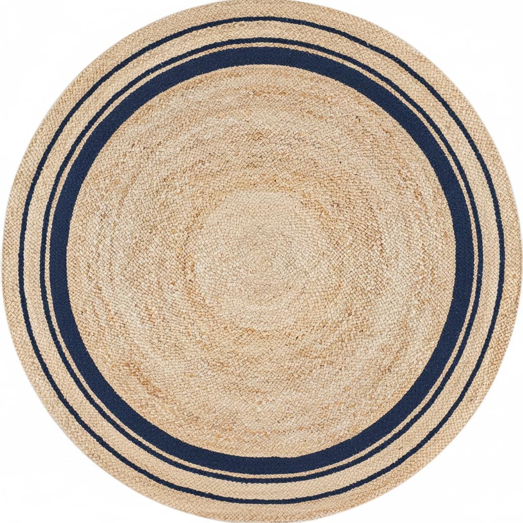 Round beige rug with navy border on a white background