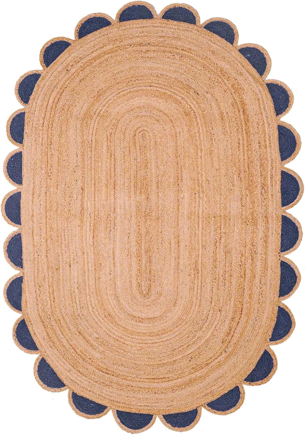 Oval jute area rug with navy blue scalloped edges, perfect for adding texture to home decor.