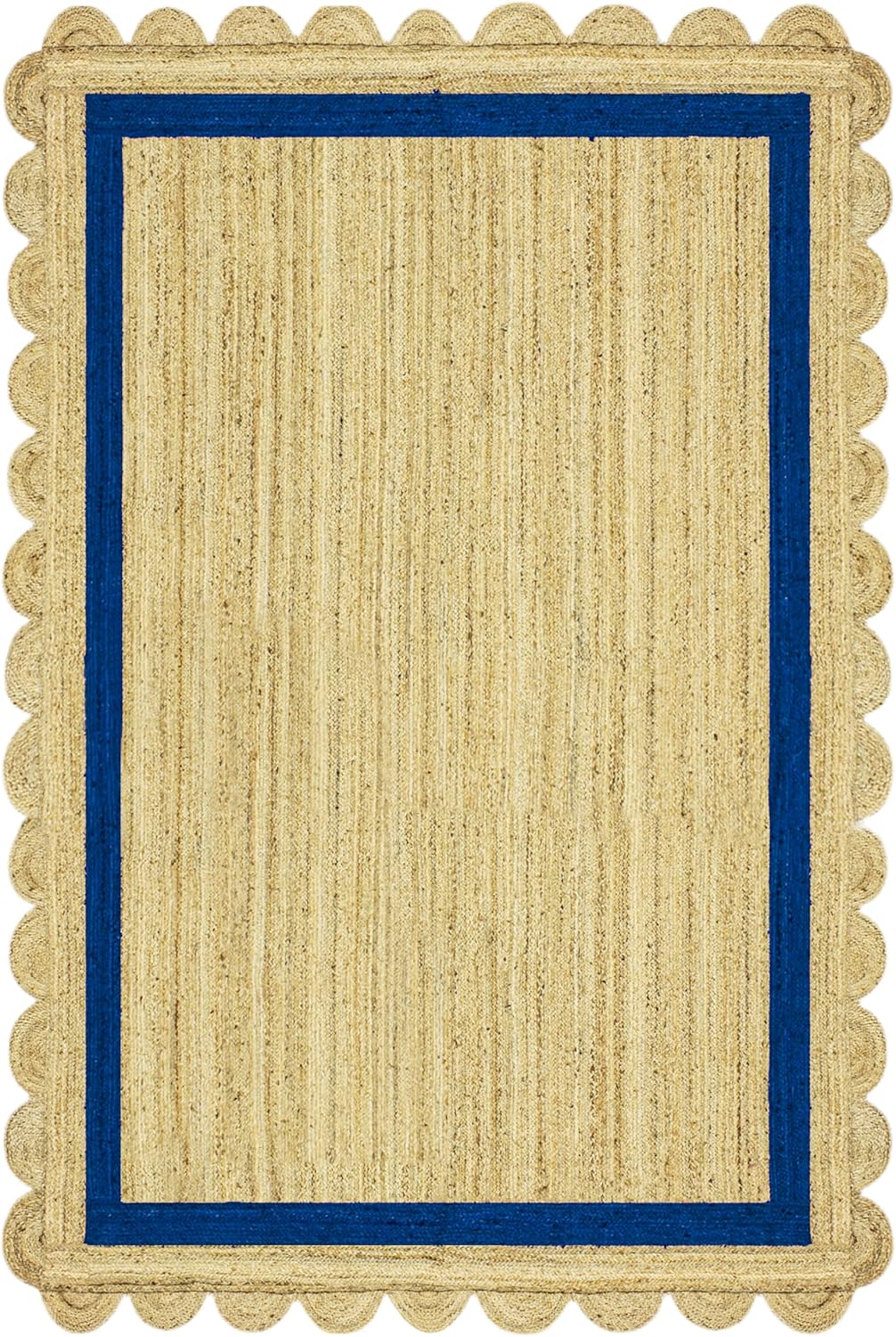 Natural Jute Area Rug with a scalloped blue border, perfect for adding texture to any living space or entryway.