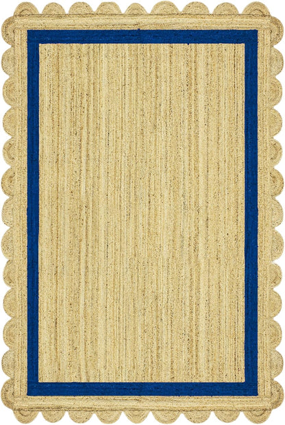 Natural Jute Area Rug with a scalloped blue border, perfect for adding texture to any living space or entryway.