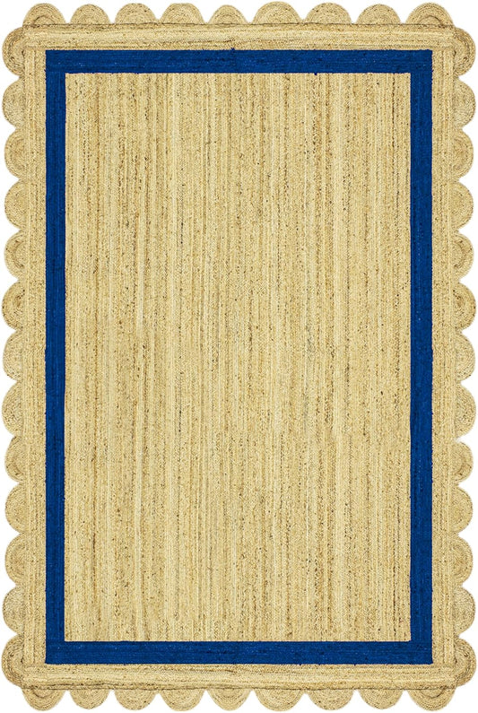 Natural Jute Area Rug with a scalloped blue border, perfect for adding texture to any living space or entryway.
