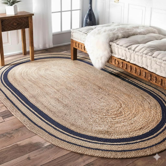 Round braided rug with blue border on wooden floor in living room