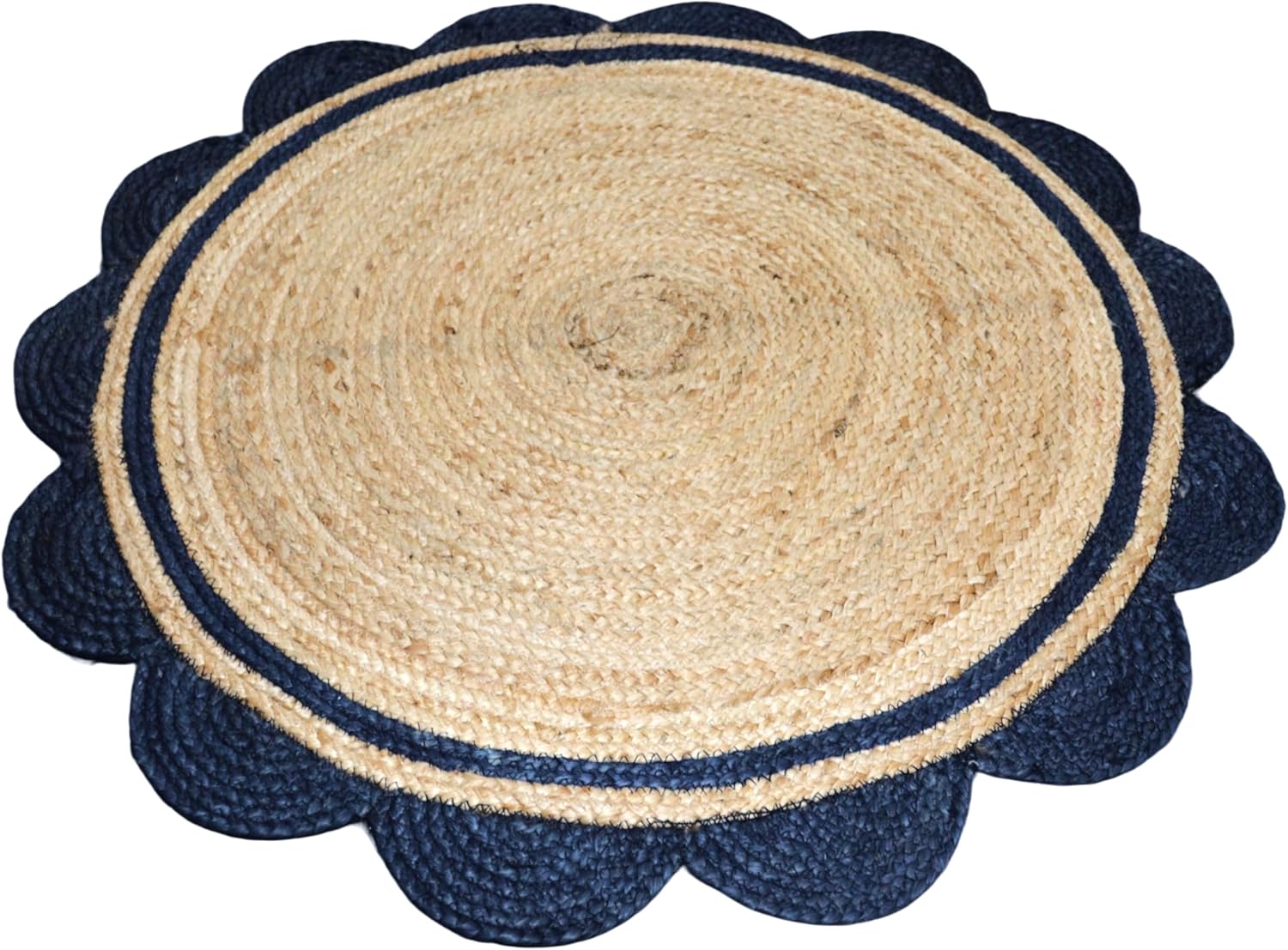 Round woven mat with blue scalloped edge on a white background