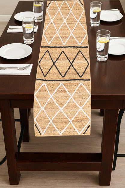 Handmade Eco Friendly Natural Jute Black and White Strip Daimond Shade Table Runner