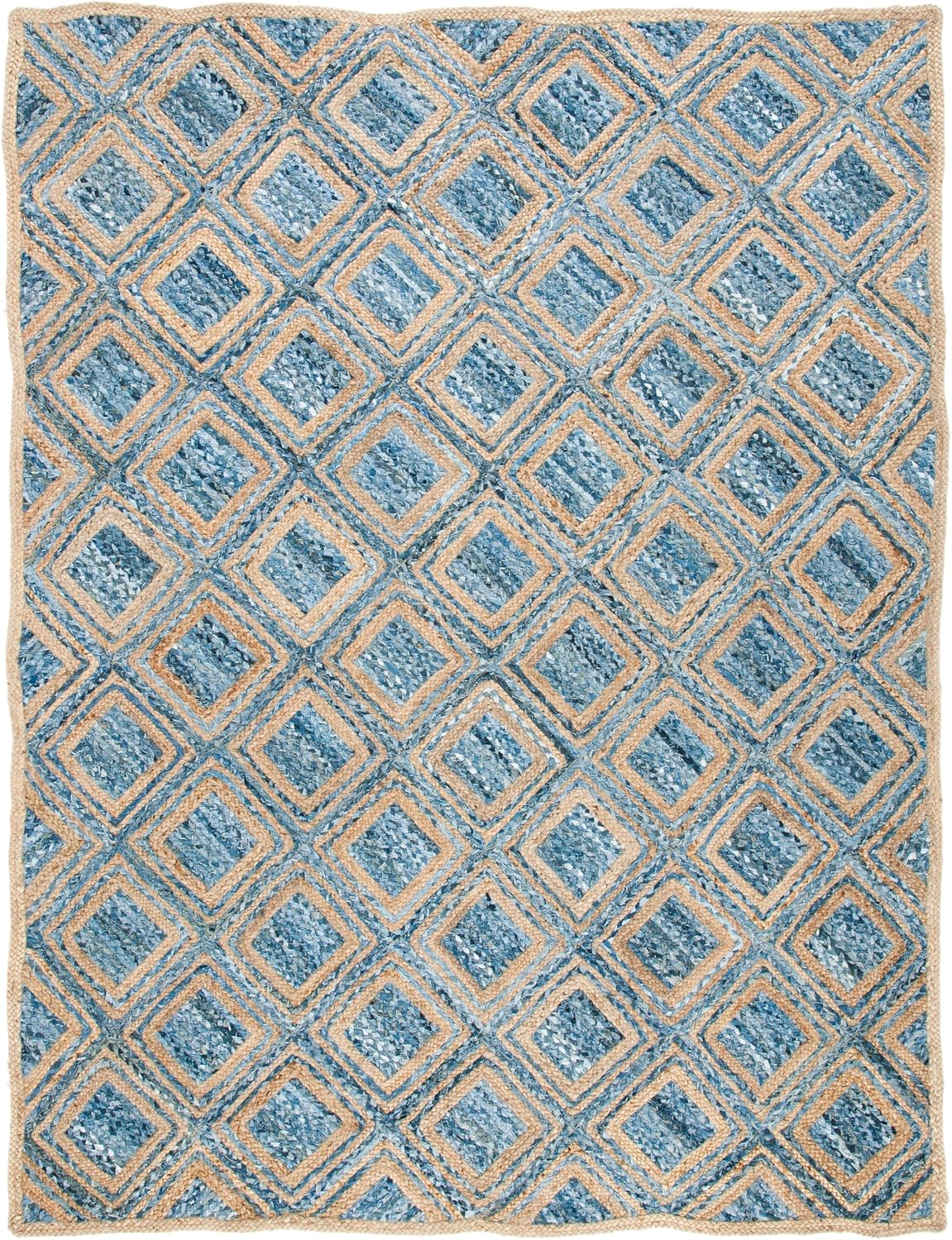 Blue and beige diamond patterned area rug, woven in durable fabric, ideal for modern home decor.