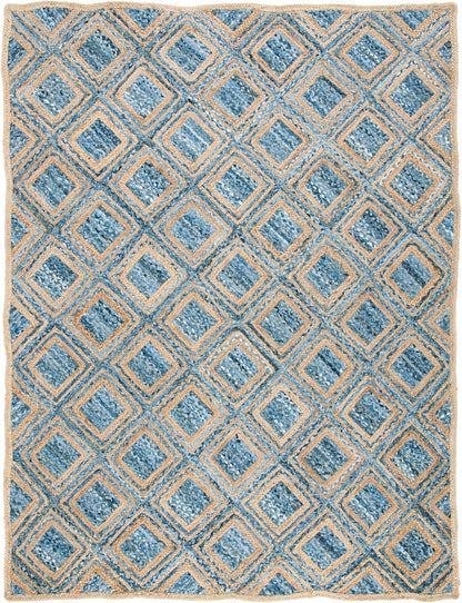 Blue and beige diamond patterned area rug, woven in durable fabric, ideal for modern home decor.