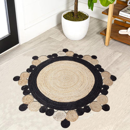 Natural Jute Area Rug with a round shape and scalloped edges, featuring a blend of beige and black tones.