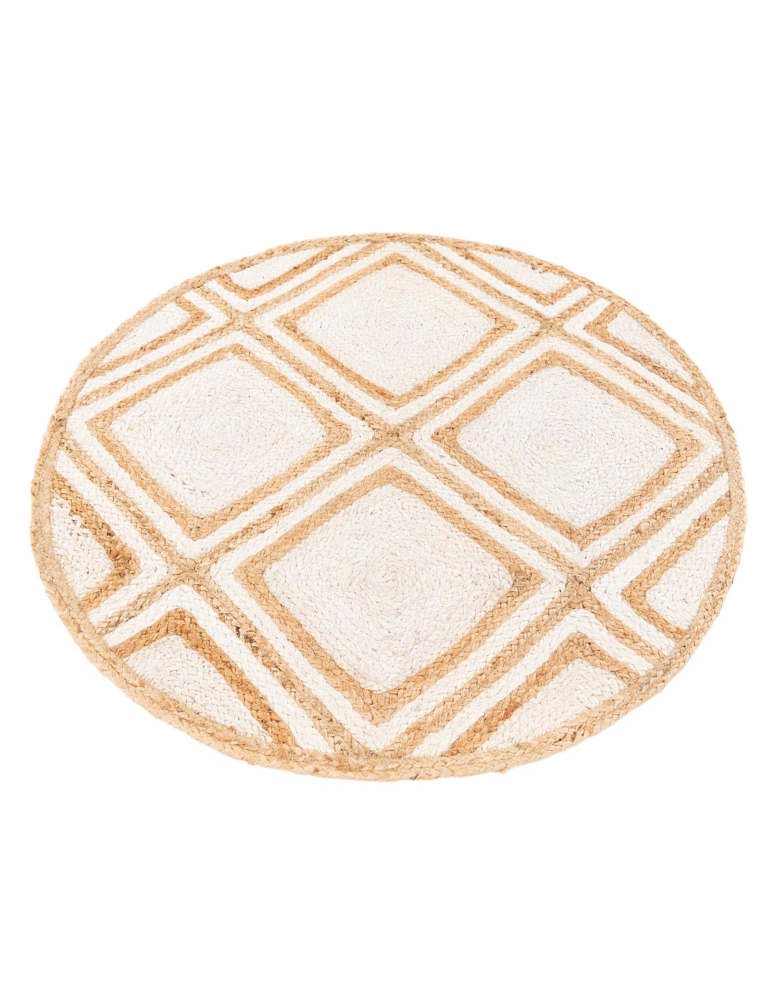 Round beige and white geometric patterned rug on a white background