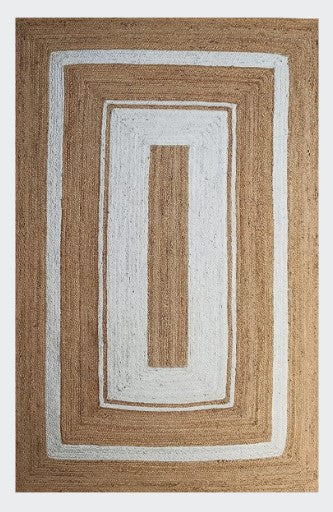 Rectangular braided rug with brown and white stripes on a plain background