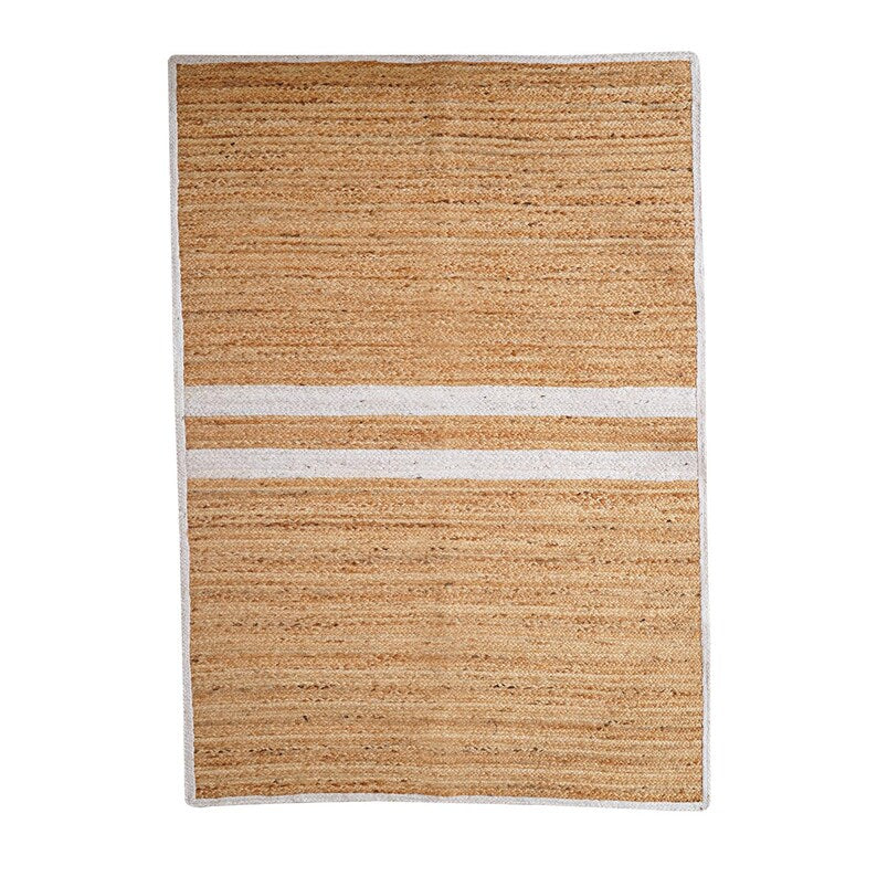 Beige woven rug with a white stripe on a white background