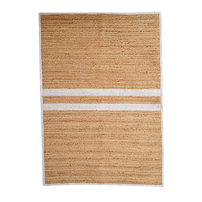 Beige woven rug with a white stripe on a white background