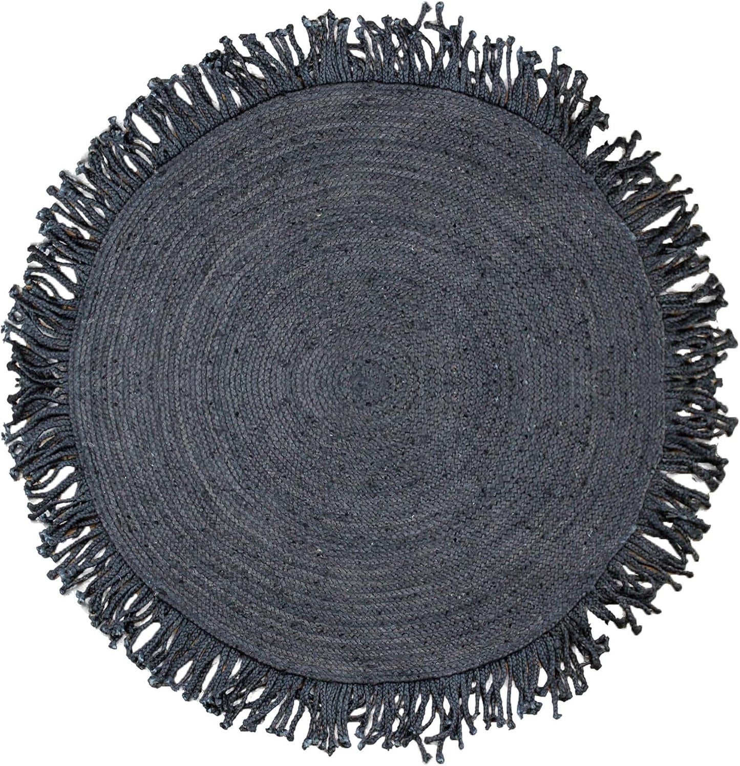 A round woven rug in dark charcoal gray with fringed edges, shown from a top-down view on a white background.