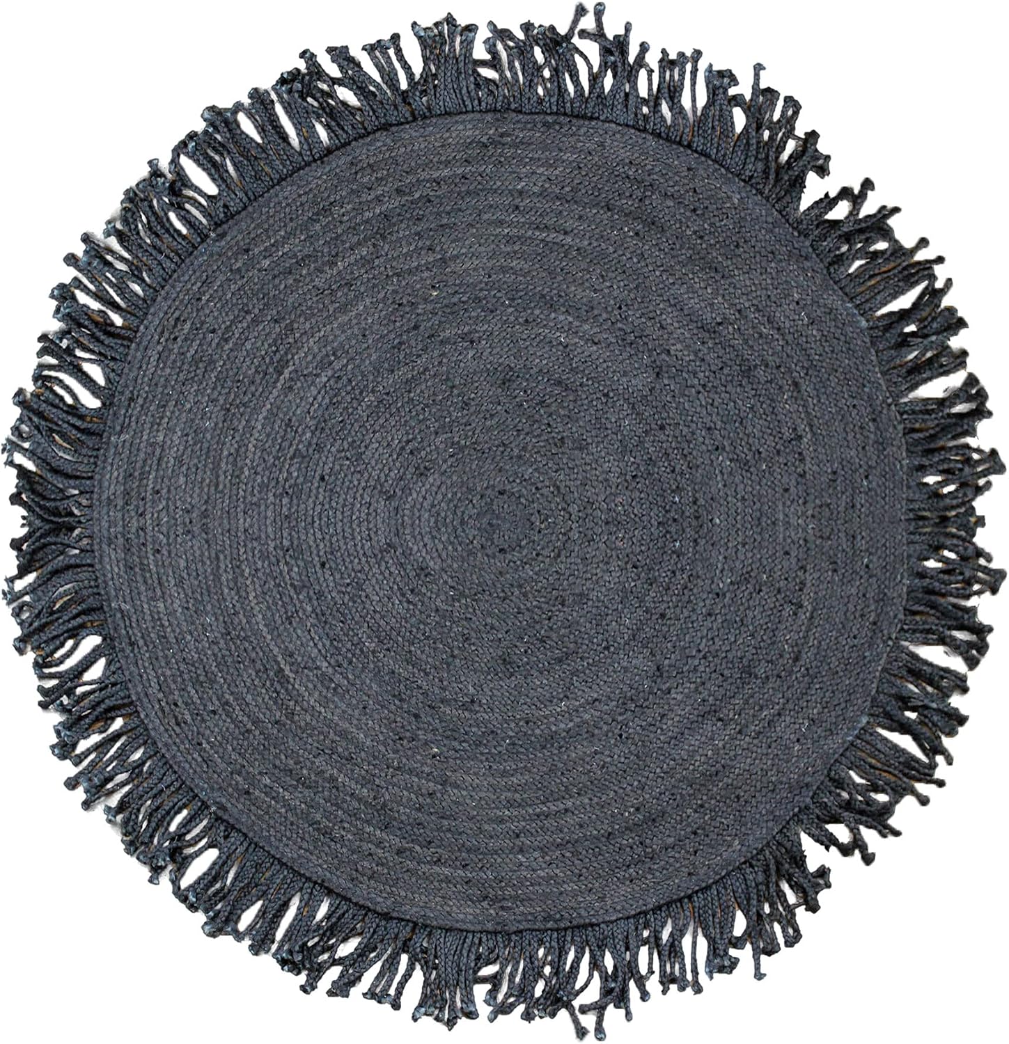 A round woven rug in dark charcoal gray with fringed edges, shown from a top-down view on a white background.