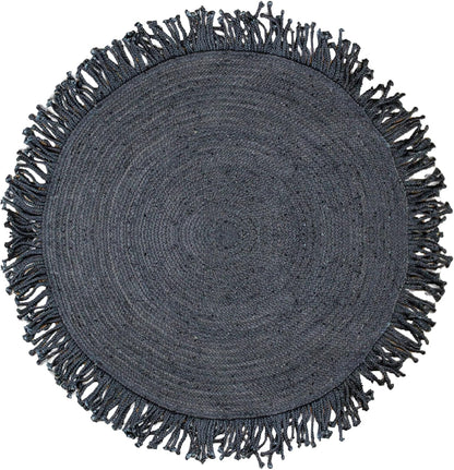 A round woven rug in dark charcoal gray with fringed edges, shown from a top-down view on a white background.