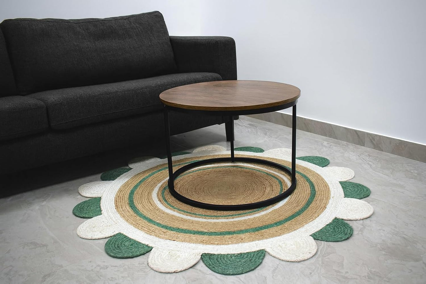 Natural Jute Area Rug with a scalloped design in earthy tones, enhancing a cozy living room setting.